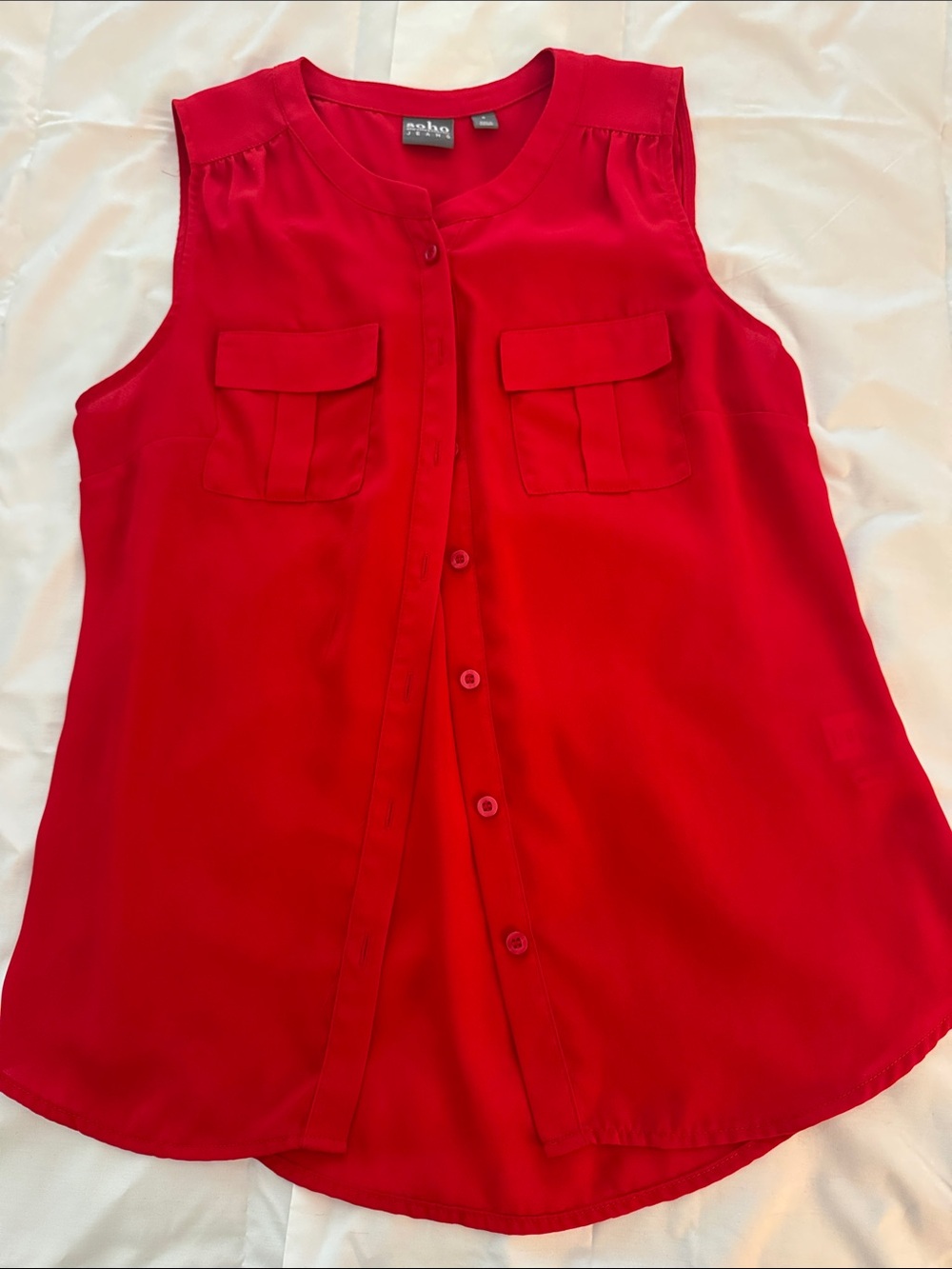 Soho Red Sleeveless Button-Front Blouse with Chest Pockets
